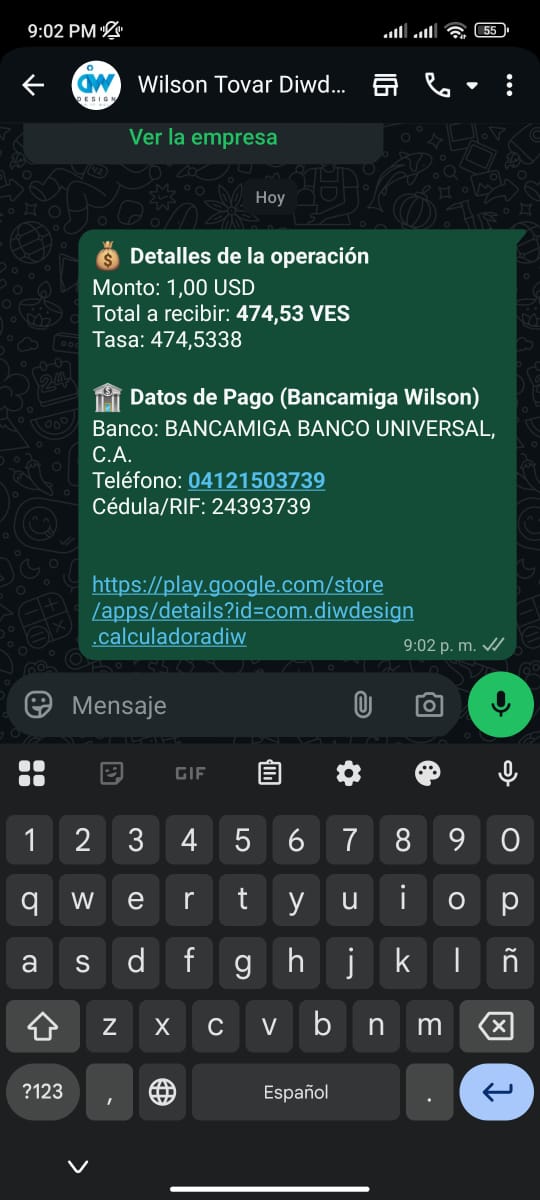 Mensaje de WhatsApp MontoListo (Monto Listo)